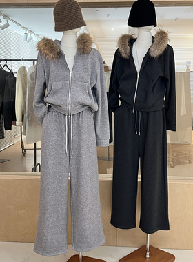一整套加绒加厚卫衣卫裤套装女休闲毛领连帽拉链上衣阔腿裤两件套
