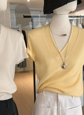 高智感气质v领针织衫短袖女羊毛混纺上衣2026新款通勤正肩显瘦t恤