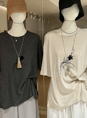 松弛感亚麻刺绣针织t恤女夏短袖薄款 宽松休闲老钱风慵懒气质上衣