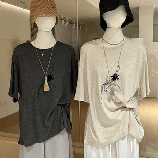 松弛感亚麻刺绣针织t恤女夏短袖薄款 宽松休闲老钱风慵懒气质上衣