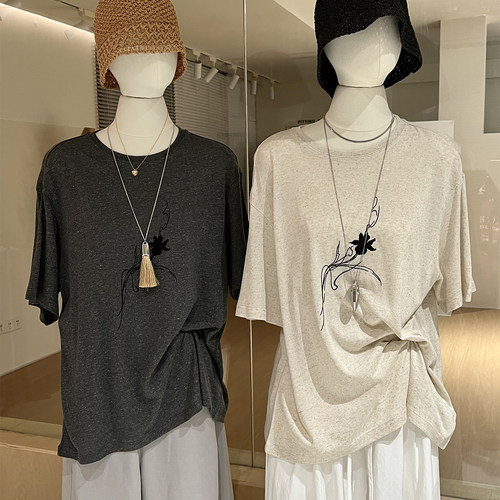 刺绣亚麻针织t恤宽松慵懒风短袖