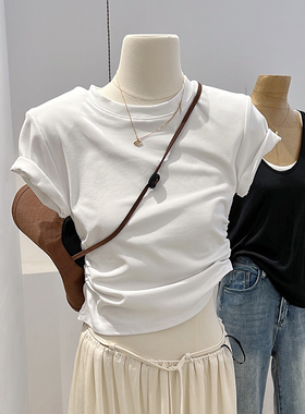 清仓 正肩女t恤夏短袖褶皱收腰显瘦修身短款小个子白体恤垫肩上衣