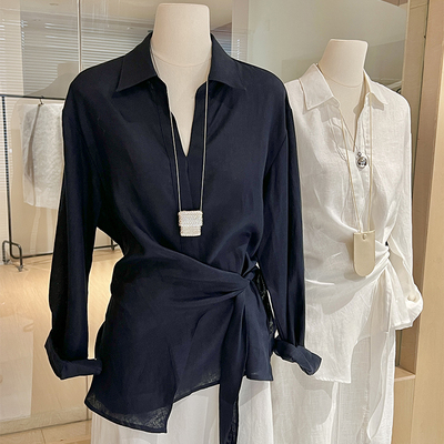 高品质亚麻衬衫绑带收腰法式松弛