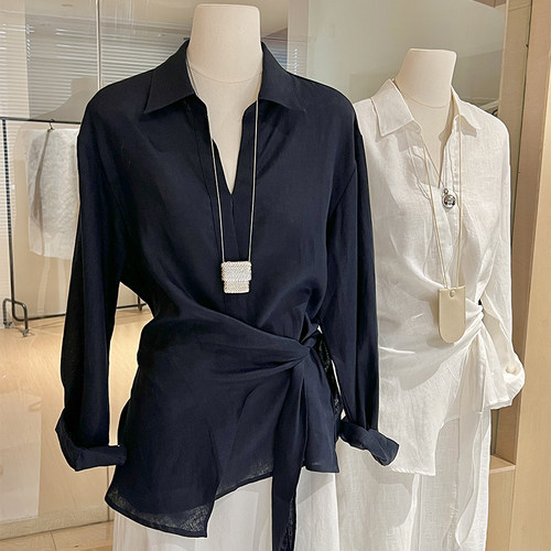 高品质亚麻衬衫绑带收腰法式松弛