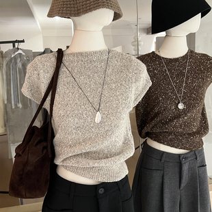 超好看混色短袖针织衫女设计感 韩系ins修身正肩气质时尚打底上衣
