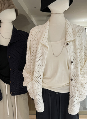 镂空翻领毛衣开衫女秋季粗针宽松韩系慵懒松弛感外穿针织外套上衣