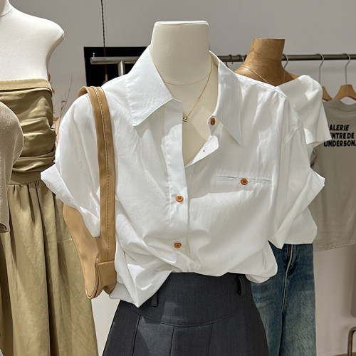 少年感简约衬衫女夏短袖宽松薄款