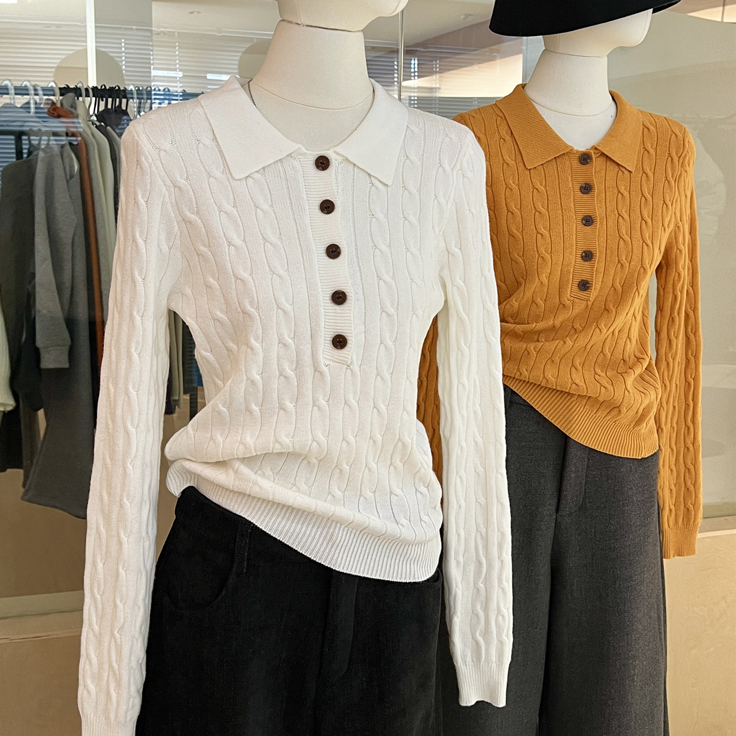 翻领麻花针织打底衫修身弹力外穿