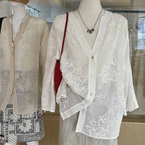 法式蕾丝刺绣V领防晒衬衫九分袖