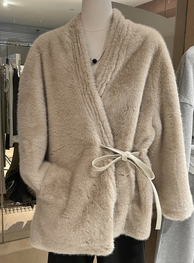 皮毛一体外套女2024冬季v领系带 宽松长袖仿貂毛环保皮草毛毛大衣
