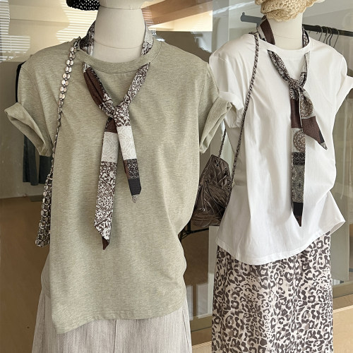 可拆卸丝巾t恤短袖宽松法式通勤