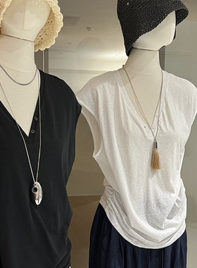 松弛感无袖t恤女夏薄款v领坎肩褶皱宽松休闲慵懒简约日常黑色上衣