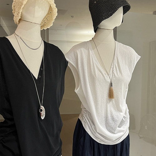 v领无袖坎肩t恤轻薄雪花肌理透气