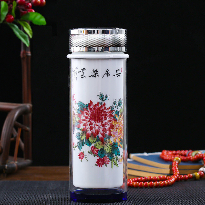 陶瓷保温杯茶杯陶瓷双层内胆青花瓷水杯定制LG便携景德镇男女便携