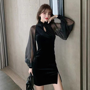 纯欲系性感包臀旗袍裙女2026秋季新款气质显瘦网纱灯笼袖连衣裙潮
