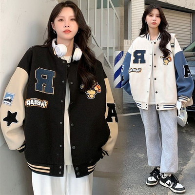 美式学生加绒宽松棒球服外套女