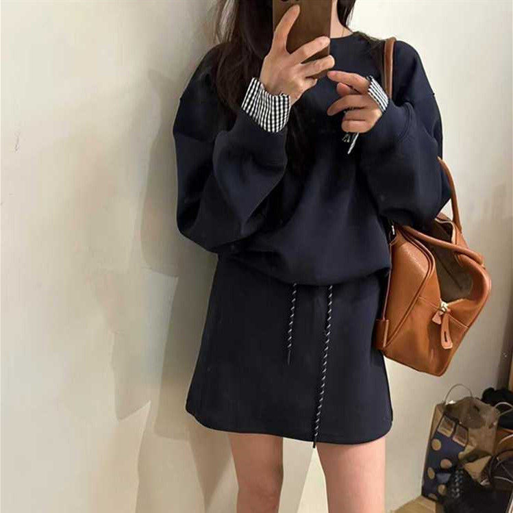 大码胖妹妹休闲运动套装女秋季圆领长袖卫衣上衣半身短裙两件套装