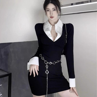 显瘦气质时尚 修身 连衣裙女 新款 纯欲风性感V领包臀A字裙女2025秋季