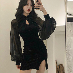金丝绒连衣裙女2026秋冬新款抖音气质显瘦性感网纱拼接网红旗袍裙