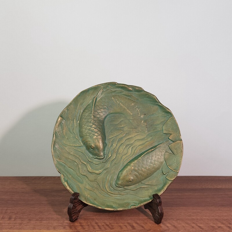 日本回流铜器铸金家津田永寿作双鯉紋铜赏盘艺术铜盘茶室挂盘装饰