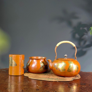 日本名家玉川堂金叶纹茶器纯铜提梁壶建水茶叶罐手工捶起铜器收藏