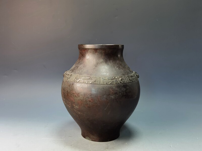 日本老器龟文堂造回龙纹双耳青铜花器花瓶花入茶道家居装饰收藏品