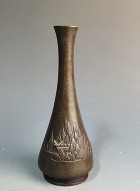 日本回流浮雕风景纹样铜花器花道具复古收藏摆件桌面茶道禅意花瓶