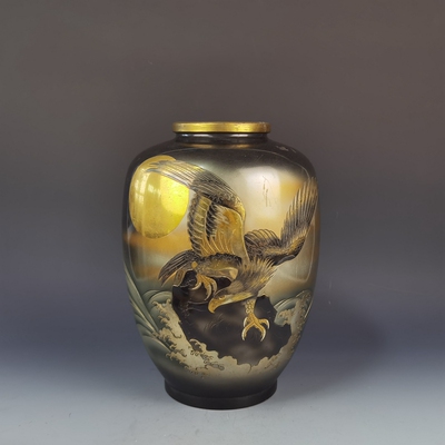 日本回流花瓶高岗铜器禅意插花道复古装饰金银镶嵌雄鹰纹花器带款