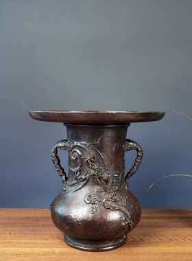 日本须贺松园造斑铜云龙浮雕花瓶池坊薄端摆件老物件铜瓶花器器皿