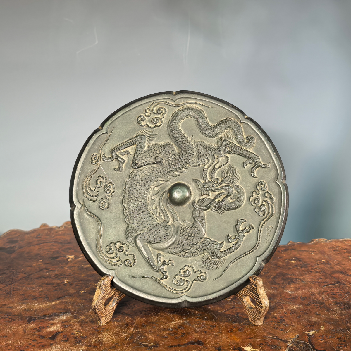 日本铜器摆件照心镜装饰龙纹圆镜老物件复古桌面收藏中式家居装饰