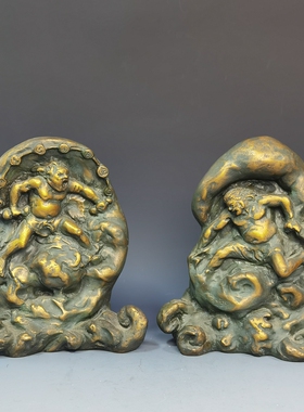 日本巨匠北村西望作铜雕塑作品风神雷神复古桌面装饰摆件艺术收藏