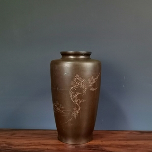 日本回流老物件错银手刻风景纹花瓶复古客厅中式日式插花摆件玉泉