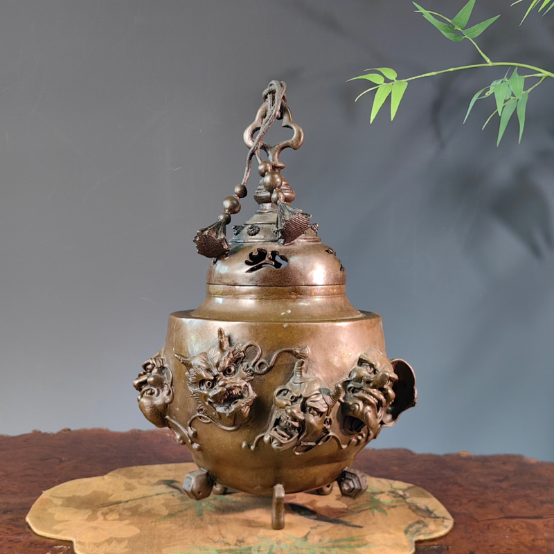 日本高岗铜器能面铃铛香炉古典艺术茶道香道茶室桌面摆件收藏