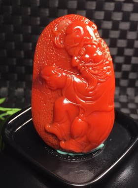天然川料南红精雕关公吊坠 满色满肉 颜色油润做工细腻 重39.01克