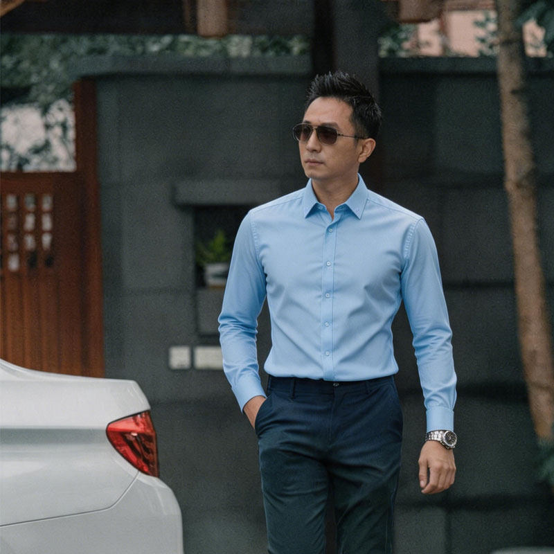 Seno男士浅蓝色玫瑰刺绣修身衬衫商务正装职业衬衫男长袖通勤衬衣