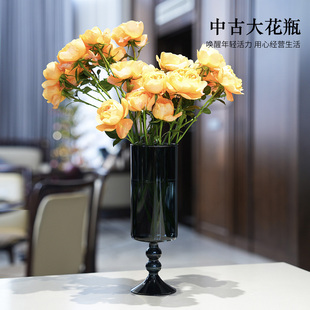 中古黑色玻璃高脚花瓶风灯花器高级感简约复古风装饰花瓶插花摆件