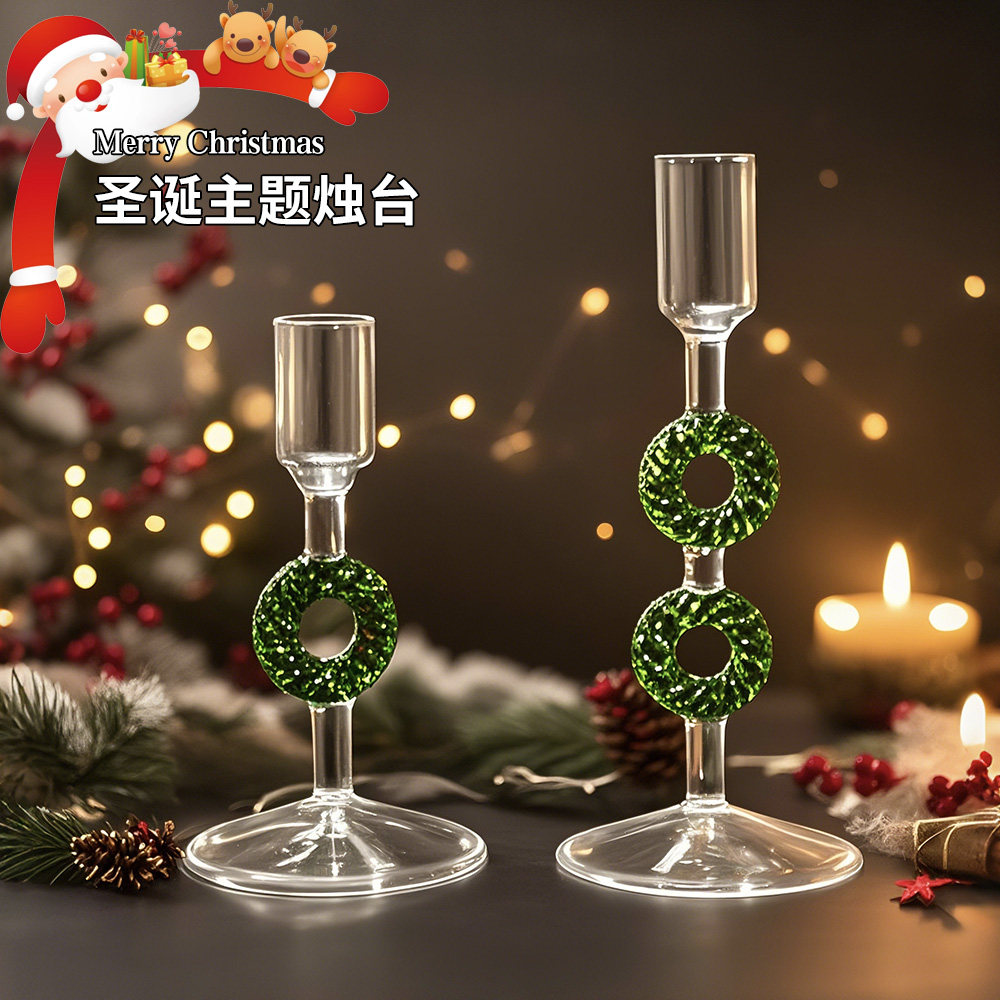 圣诞树玻璃烛台圣诞花环蜡烛台彩色复古烛台时尚家居摆件拍摄道具