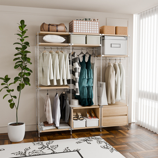 开放式衣架日式落地式衣帽架立柱式简约现代衣帽间金属步入式卧室