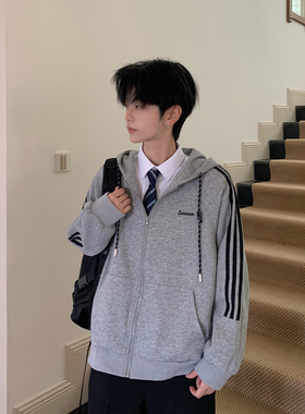 东京岁时记dk灰色连帽功能性拉链卫衣外套男简约秋冬休闲上衣情侣