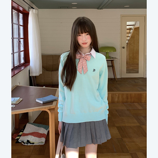 东京岁时记jk毛衣外套水蓝色针织衫V领套头女春秋纯棉上衣灰野川