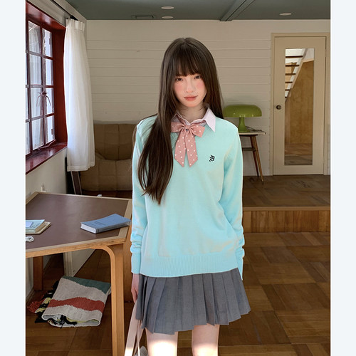 套头jk毛衣水蓝色针织衫灰野川