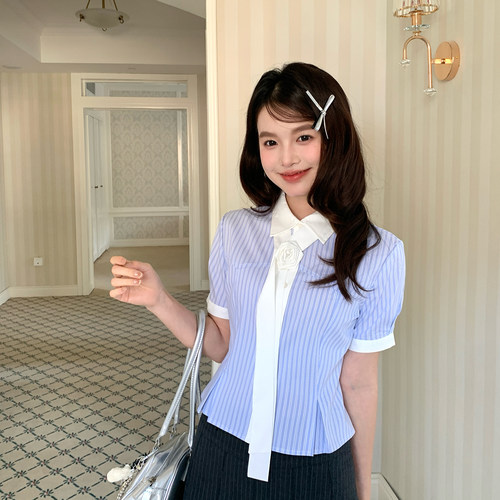 东京岁时记jk学院风短袖蓝条衬衫
