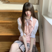 东京岁时记jk制服学院风针织马甲背心女春季 新款 粉色刺绣纯棉上衣