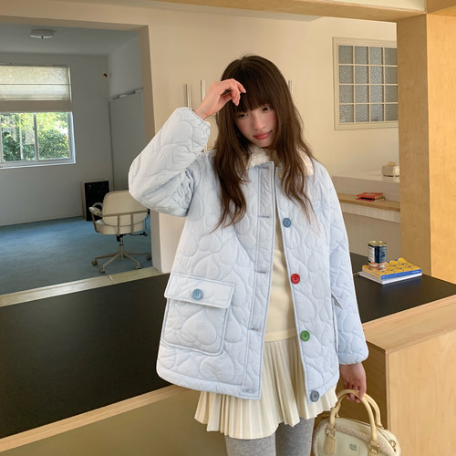 蓝色菱格棉服日系秋冬甜美小个子