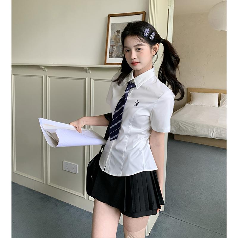 东京岁时记jk制服白衬衫夏原创短袖收腰修身上衣刺绣衬衣月华高女