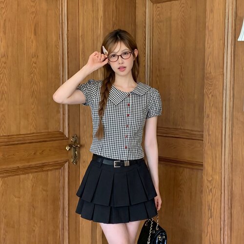 东京岁时记jk短袖衬衫女格子上衣