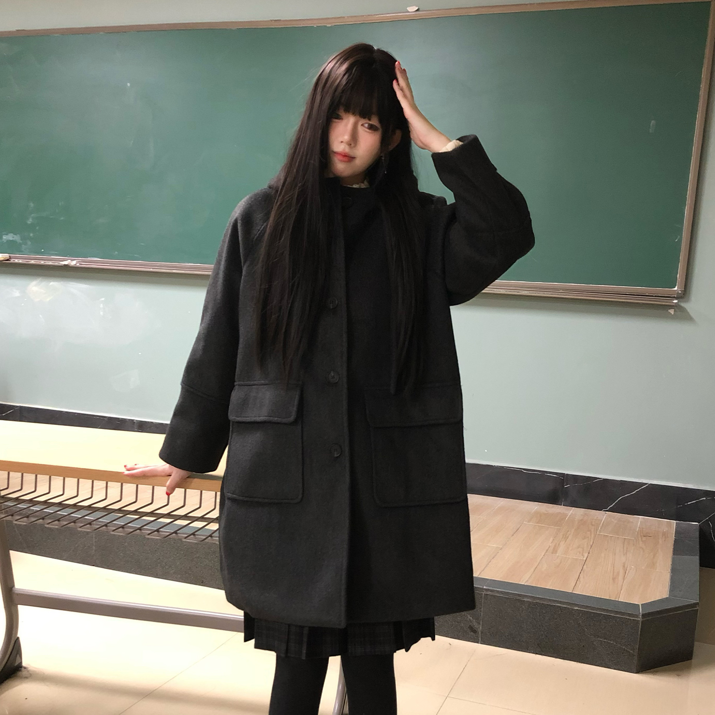 东京岁时记秋冬保暖深灰毛呢大衣