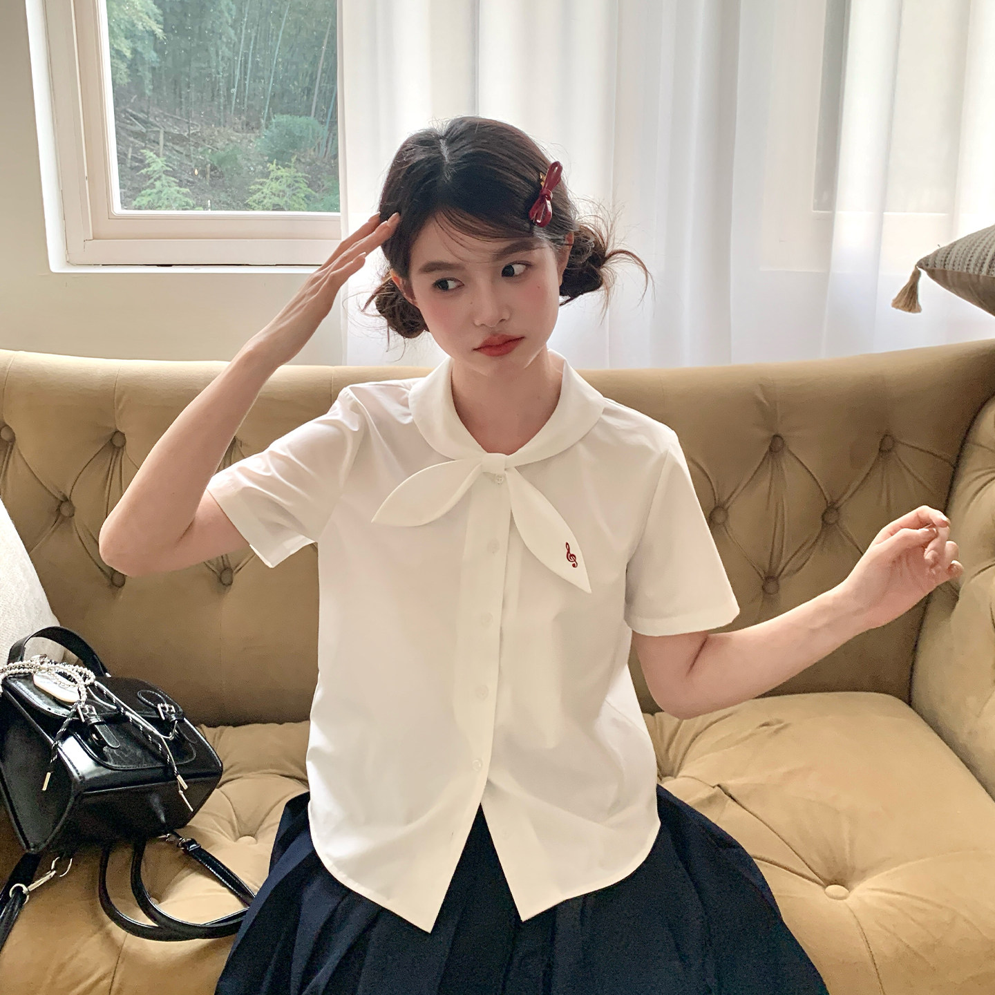 东京岁时记jk制服夏季可爱蝴蝶结领短袖衬衫白色女小个子气质上衣