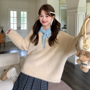 东京岁时记jk秋冬新款 仿貂毛针织黄色连帽毛衣女小个子套头上衣
