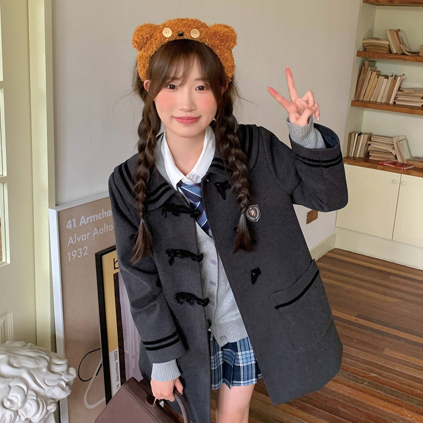 东京岁时记jk深灰牛角扣毛呢大衣